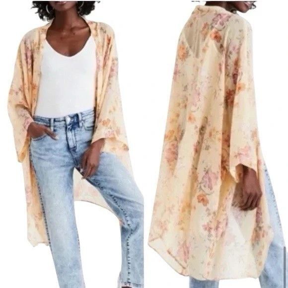 American Eagle NWT Women Floral Kimono Yellow OS Flowy Lightweight Boho Sheer - Picture 1 of 10